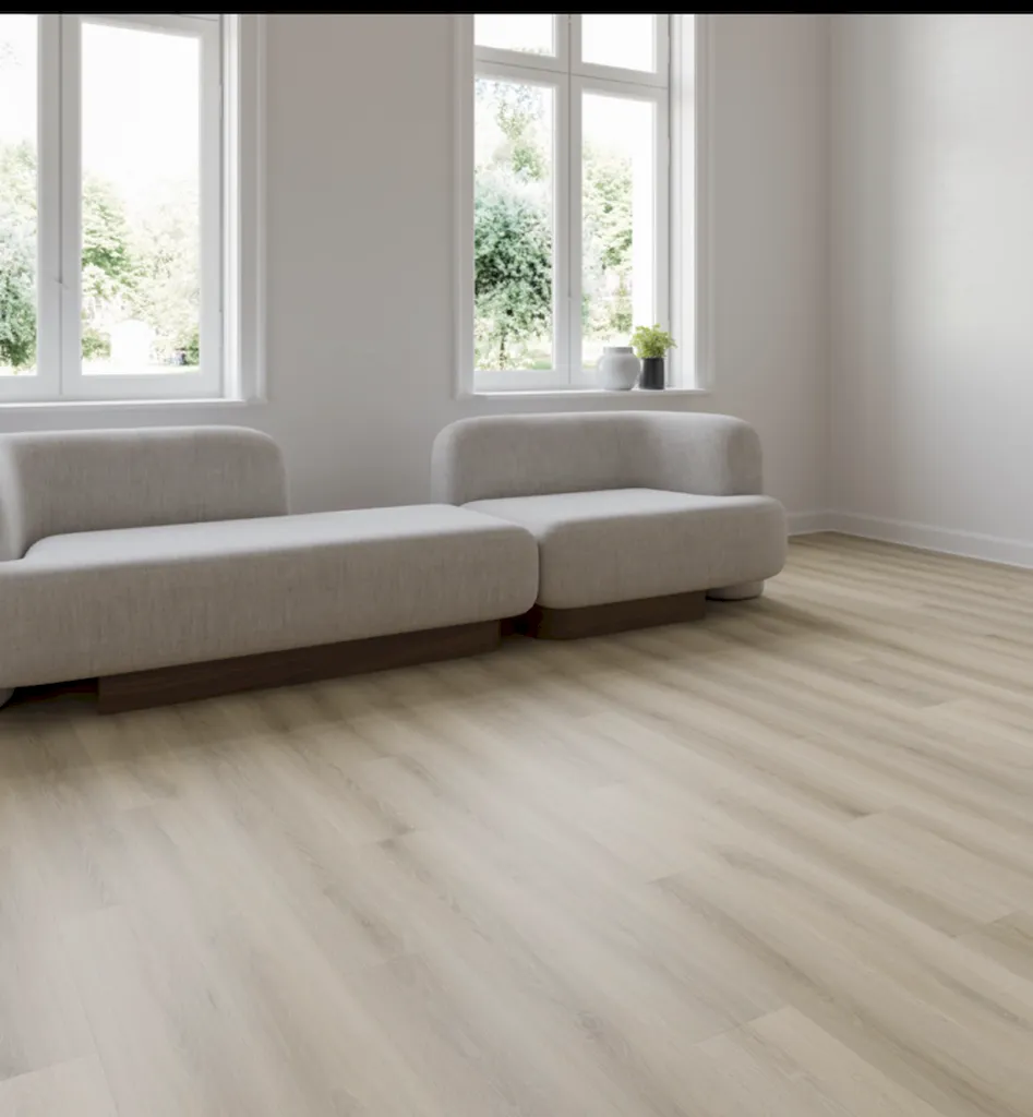 Living room with light wood flooring and large windows